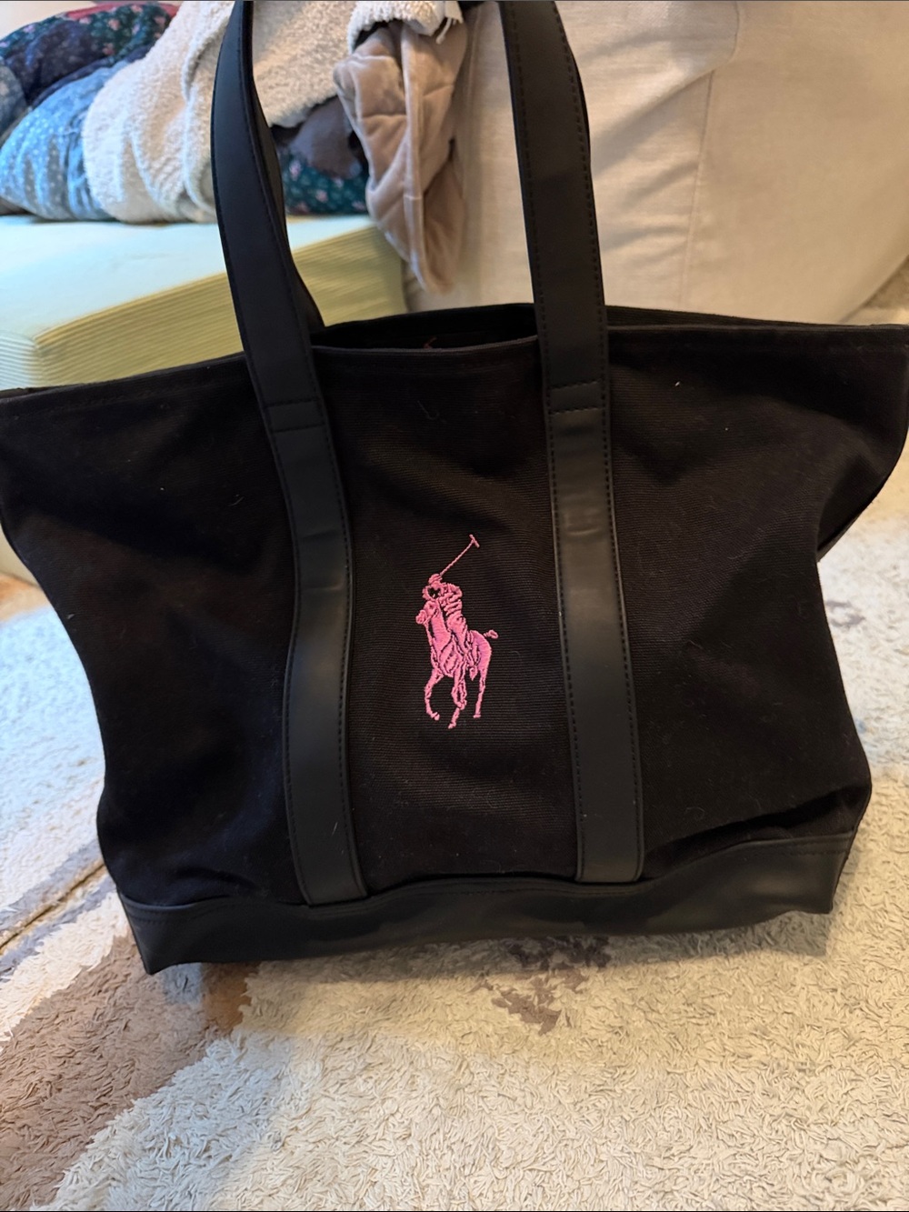 Ralph Lauren Black Canvas Tote with Pink Pony